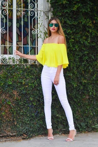 Women's Yellow Off Shoulder Top, White Skinny Jeans, White Leather Heeled Sandals, Green Sunglasses
