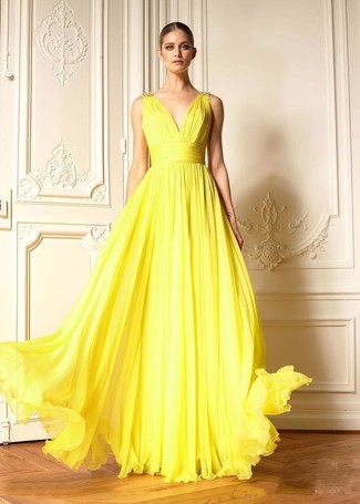 Women's Yellow Pleated Evening Dress