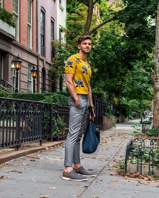 Mustard Print Polo Outfits For Men: Go for a mustard print polo and grey plaid dress pants and you'll put together a sleek and polished look. Dial down the casualness of this ensemble by rounding off with a pair of grey canvas derby shoes.