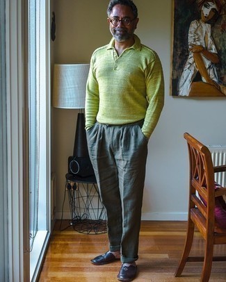 Mustard Polo Neck Sweater Outfits For Men: Choose a mustard polo neck sweater and grey linen dress pants for rugged elegance with a modern finish. Let your styling credentials really shine by finishing off this look with a pair of dark brown leather loafers.
