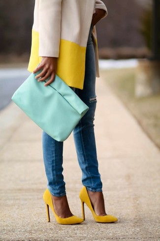 Women's Mint Leather Clutch, Yellow Suede Pumps, Blue Skinny Jeans, Yellow Coat