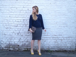 Women's Brown Leopard Leather Clutch, Yellow Leather Pumps, Charcoal Pencil Skirt, Navy Crew-neck Sweater