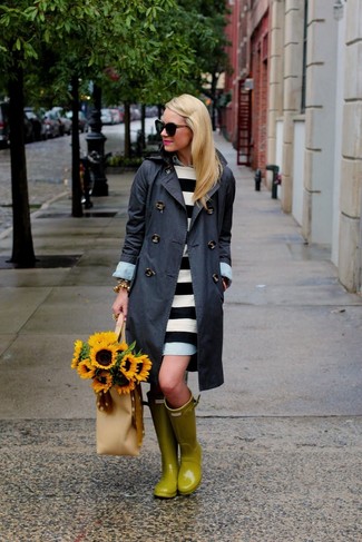 Women's Beige Leather Tote Bag, Yellow Rain Boots, White and Black Horizontal Striped Casual Dress, Charcoal Trenchcoat