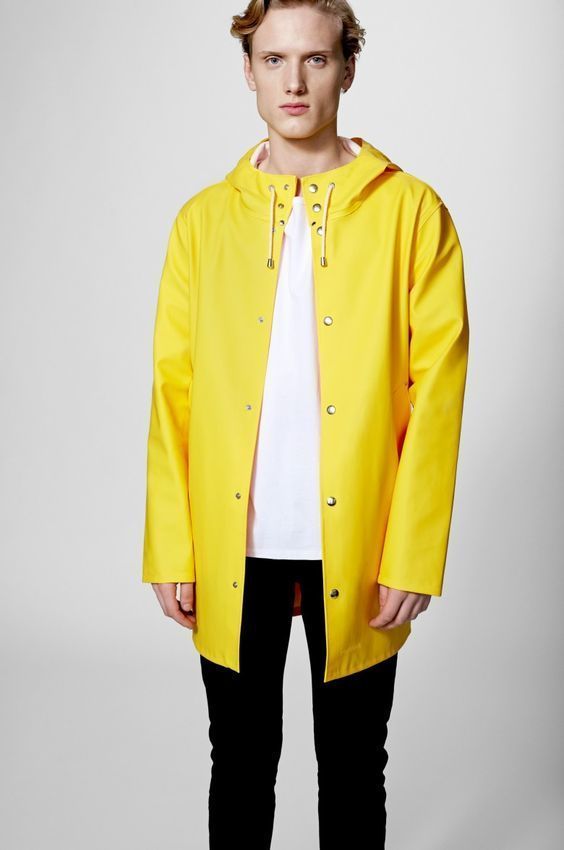 Men's Yellow Raincoat, Pink Crew-neck T-shirt, Black Skinny Jeans