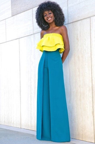 Orange Off Shoulder Top Outfits: Pairing an orange off shoulder top with aquamarine wide leg pants is a nice pick for a relaxed look.