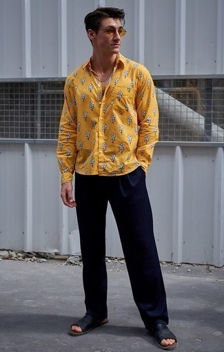 Yellow Sunglasses Outfits For Men: If you gravitate towards comfort dressing, why not test drive this combo of a yellow floral short sleeve shirt and yellow sunglasses? Finishing with black leather sandals is a guaranteed way to bring a touch of stylish casualness to this look.