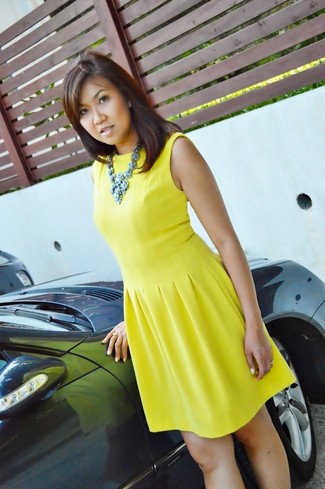 Women's Yellow Skater Dress, Blue Necklace