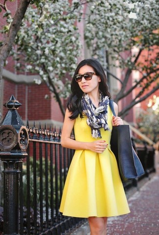 Dark Brown Sunglasses Outfits For Women: Why not team a yellow skater dress with dark brown sunglasses? Both items are very practical and look good when worn together.