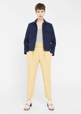 Women's White Leather Heeled Sandals, Yellow Tapered Pants, White and Black Horizontal Striped Crew-neck T-shirt, Navy Military Jacket