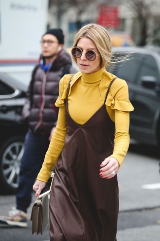 Women's Yellow Turtleneck, Dark Brown Leather Cami Dress, Olive Leather Clutch
