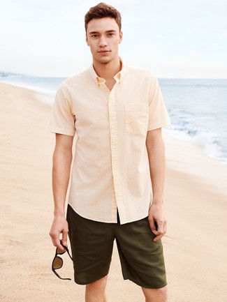 Men's Yellow Vertical Striped Short Sleeve Shirt, Olive Shorts