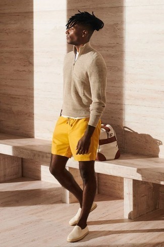 Espadrilles Outfits For Men: For a laid-back outfit, reach for a tan zip neck sweater and mustard swim shorts — these items fit pretty good together. Infuse your look with an added touch of sophistication by slipping into espadrilles.