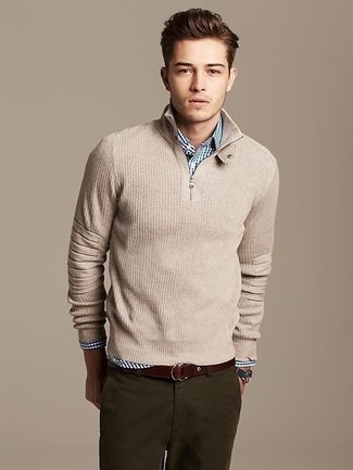 Men's Beige Zip Neck Sweater, White and Blue Gingham Long Sleeve Shirt, Olive Chinos, Dark Brown Leather Belt