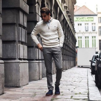 Tan Zip Neck Sweater Outfits For Men: This elegant pairing of a tan zip neck sweater and grey dress pants is a popular choice among the dapper gents. Navy canvas derby shoes look wonderful here.