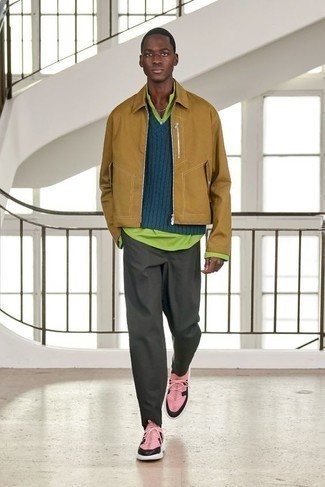 Men's Charcoal Chinos, Green-Yellow Zip Neck Sweater, Teal Sweater Vest, Tan Harrington Jacket
