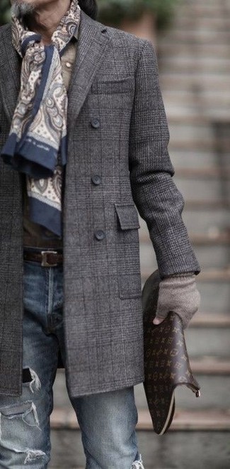 Men's Beige Paisley Scarf, Dark Brown Print Leather Zip Pouch, Blue Ripped Skinny Jeans, Charcoal Plaid Overcoat