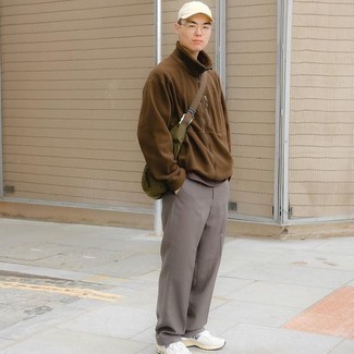 Men's Brown Fleece Zip Sweater, Brown Chinos, White Athletic Shoes, Olive Canvas Messenger Bag