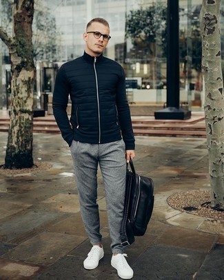 Grey Wool Chinos Outfits: For a fail-safe laid-back option, you can rely on this combo of a navy quilted zip sweater and grey wool chinos. When not sure about what to wear when it comes to shoes, introduce white canvas low top sneakers to this look.