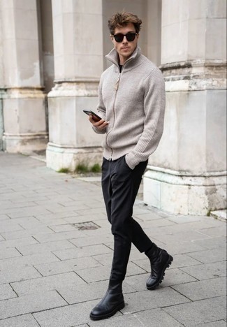 Black Sunglasses Warm Weather Outfits For Men: This off-duty pairing of a grey knit zip sweater and black sunglasses is a surefire option when you need to look great but have no time to spare. Here's how to spruce up this outfit: black leather chelsea boots.