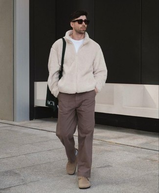 Brown Chinos Outfits: Team a beige fleece zip sweater with brown chinos if you want to look cool and casual without exerting much effort. And it's a wonder how a pair of tan suede loafers can lift up an outfit.