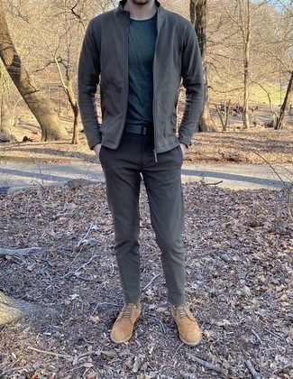 Charcoal Zip Sweater Outfits For Men: For something more on the cool and laid-back end, test drive this combination of a charcoal zip sweater and charcoal chinos. Why not complement this ensemble with a pair of tan suede casual boots for an added touch of style?