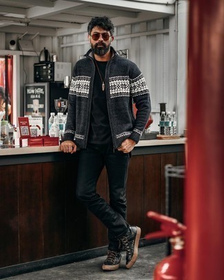 Black Leather High Top Sneakers Outfits For Men: This casually stylish look is so simple: a charcoal print zip sweater and black chinos. If you want to effortlessly play down this look with footwear, why not introduce black leather high top sneakers to the mix?