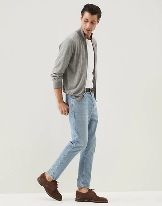 Dark Brown Suede Derby Shoes Outfits: A grey zip sweater and light blue jeans married together are a match made in heaven for those who prefer neat and relaxed combos. If you need to easily up this look with shoes, why not add dark brown suede derby shoes to your look?