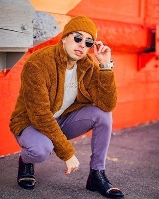 Tobacco Beanie Outfits For Men: Wear a tobacco fleece zip sweater with a tobacco beanie if you're looking for a look option for when you want to look casually cool. A pair of black leather casual boots easily ramps up the fashion factor of any outfit.
