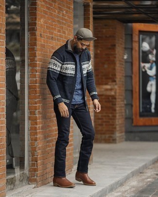 Men's Navy Fair Isle Zip Sweater, Navy and White Horizontal Striped Crew-neck T-shirt, Navy Jeans, Brown Leather Chelsea Boots