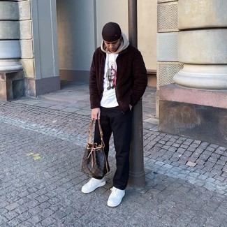 Beige Hoodie Outfits For Men: A beige hoodie and black chinos are essential in any modern gent's functional off-duty arsenal. Look at how great this ensemble pairs with a pair of white leather low top sneakers.