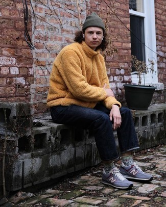 Olive Beanie Outfits For Men: If you like stay-in clothes which are stylish enough to wear out, consider this combo of a tobacco fleece zip sweater and an olive beanie. Complete your getup with light blue athletic shoes and you're all done and looking smashing.