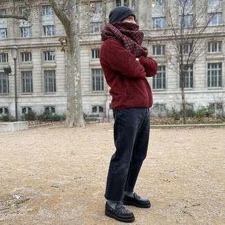 Men's Burgundy Fleece Zip Sweater, Black Jeans, Black Chunky Leather Loafers, Charcoal Beanie