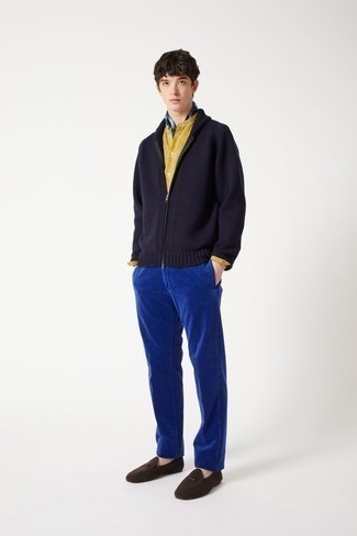 Blue Corduroy Chinos Outfits: When the setting allows casual dressing, rock a navy zip sweater with blue corduroy chinos. Dark brown suede loafers will bring a more refined twist to your getup.