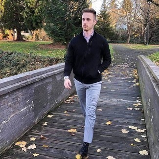Men's Black Zip Sweater, Light Violet Long Sleeve Shirt, Grey Chinos, Black Leather Derby Shoes
