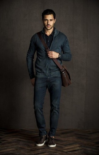 Tobacco Suede Messenger Bag Outfits: A navy zip sweater and a tobacco suede messenger bag are a smart outfit worth having in your current off-duty lineup. For a more refined twist, why not complete your look with a pair of dark brown leather low top sneakers?