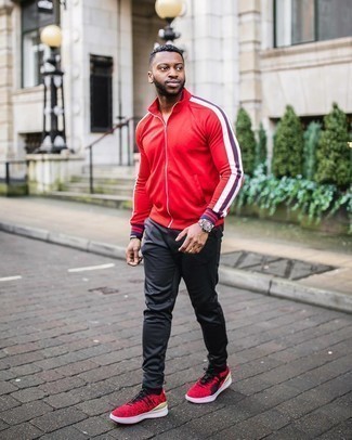 Red Athletic Shoes Outfits For Men: This combo of a red zip sweater and black sweatpants is extremely easy to do and so comfortable to wear as well! For something more on the cool and casual end to round off your look, complete your ensemble with red athletic shoes.