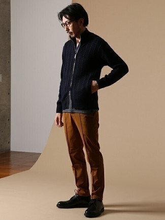 Men's Navy Zip Sweater, White and Navy Horizontal Striped V-neck T-shirt, Tobacco Chinos, Black Leather Derby Shoes