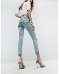 Asos Farleigh High Waist Slim Mom Jeans In Acid Wash Mint With Busted Knees