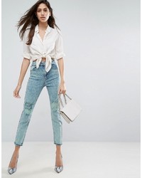 Asos Farleigh High Waist Slim Mom Jeans In Acid Wash Mint With Busted Knees