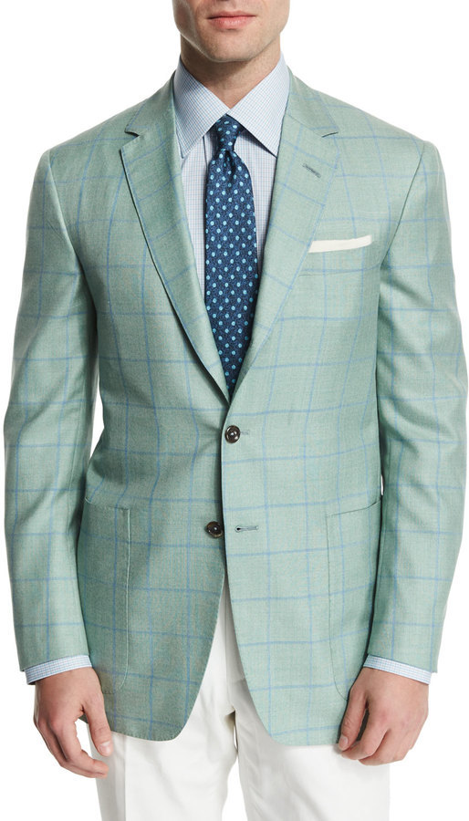 Bestfit Menswear  Men's Classic Fit Blue Windowpane Blazer Wool-Blend  Sports Coat
