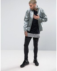 Asos Bomber Jacket With Sateen Panelling In Blue