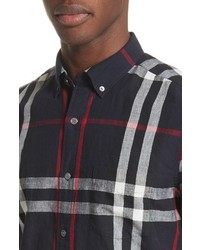 Burberry Elfords Slim Fit Short Sleeve Check Linen Cotton Sport Shirt
