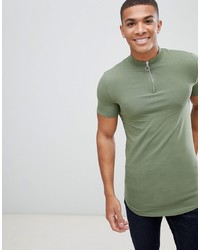ASOS DESIGN Muscle Fit Longline Zip Neck Turtle Neck T Shirt With Curved Hem In Green