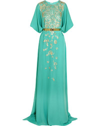 Mint Embroidered Silk Evening Dress