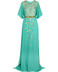 Oscar de la Renta Embroidered Silk Crepe Gown Turquoise