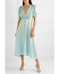 Saloni Lea Embroidered Silk Satin Jacquard Midi Dress