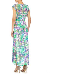 Neiman Marcus Floral Print Pleated Sleeveless Maxi Dress Greenpurple