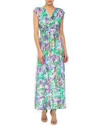 Neiman Marcus Floral Print Pleated Sleeveless Maxi Dress Greenpurple