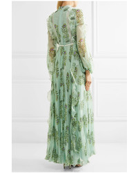 Giambattista Valli Ruffled Lace Trimmed Floral Print Silk Chiffon Gown Green