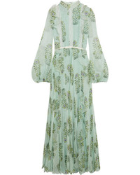 Giambattista Valli Ruffled Lace Trimmed Floral Print Silk Chiffon Gown Green